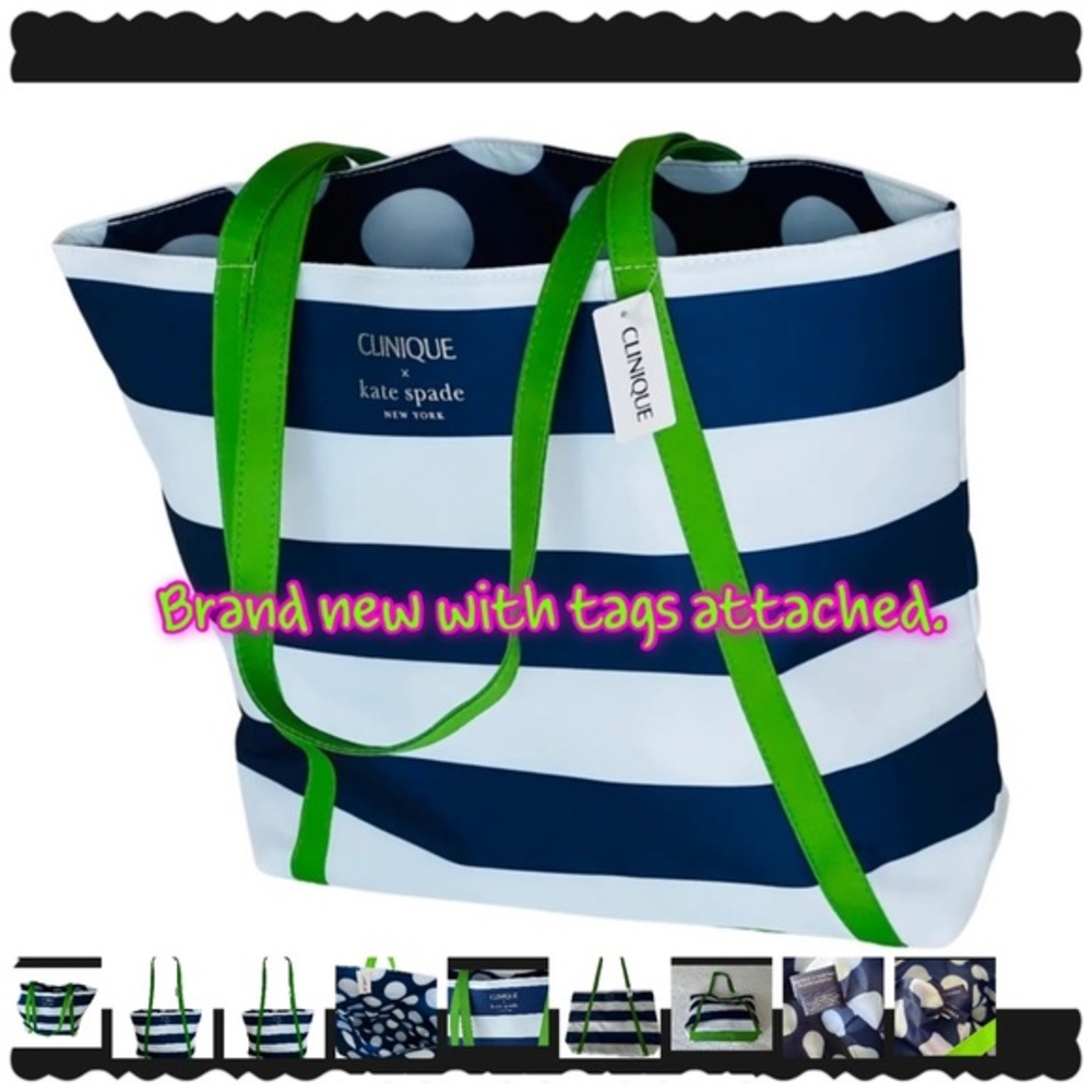 Clinique x Kate Spade Shopping Shoulder Travel Tote Large Navy White Gre…